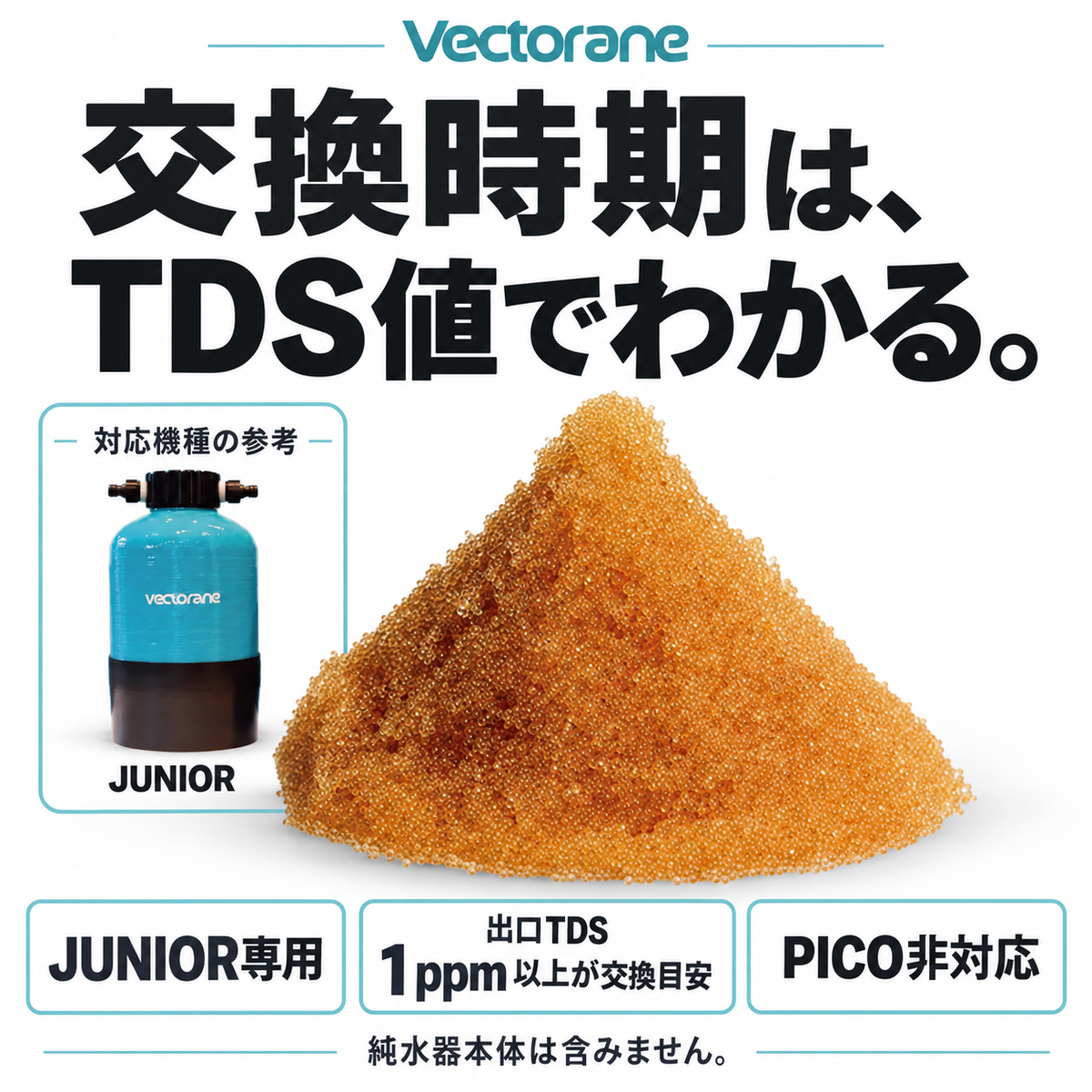 JUNIOR専用交換フィルター。出口TDS値1ppm以上が交換の目安。純水器本体は含みません。PICOには非対応。